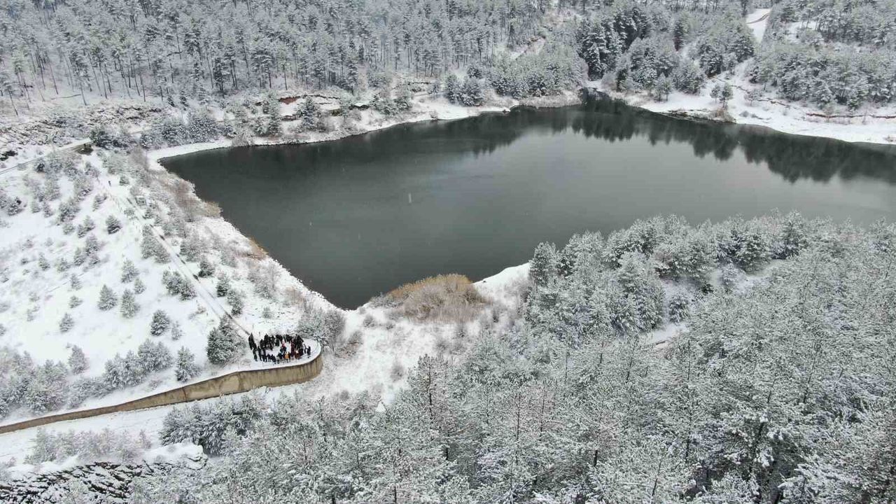 Karla Kaplı Orman İçerisindeki Tuzaklı Göleti Kış Manzarasıyla Mest Ediyor