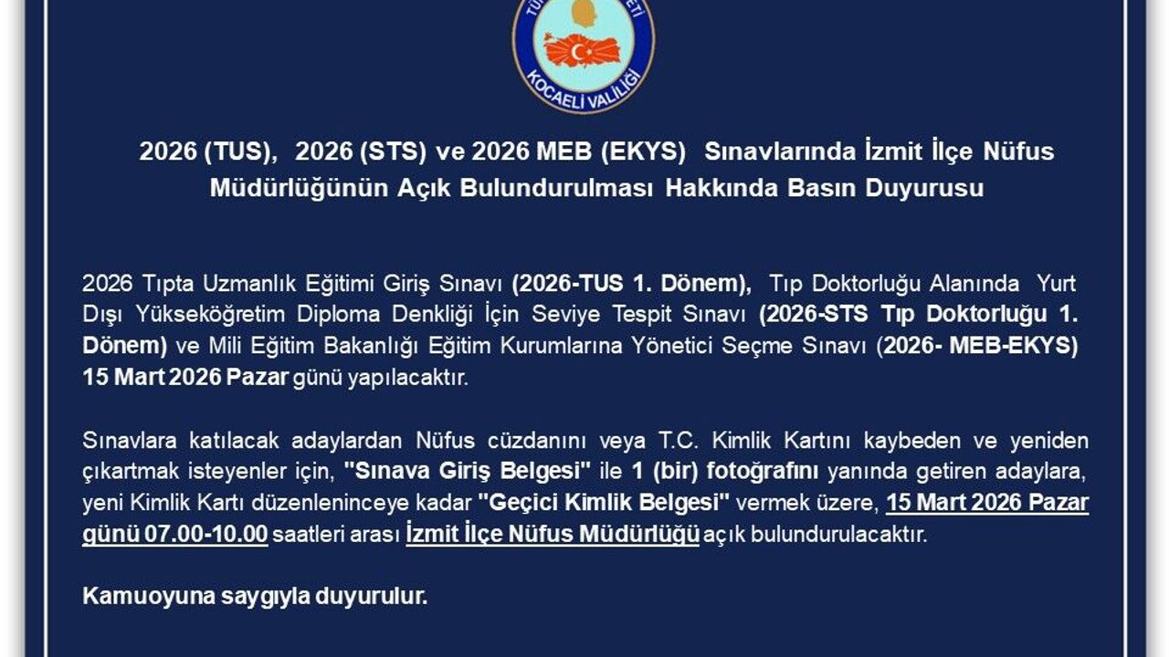 İzmit İlçe Nüfus Müdürlüğü, 2026 Sınavları İçin Açık Olacak