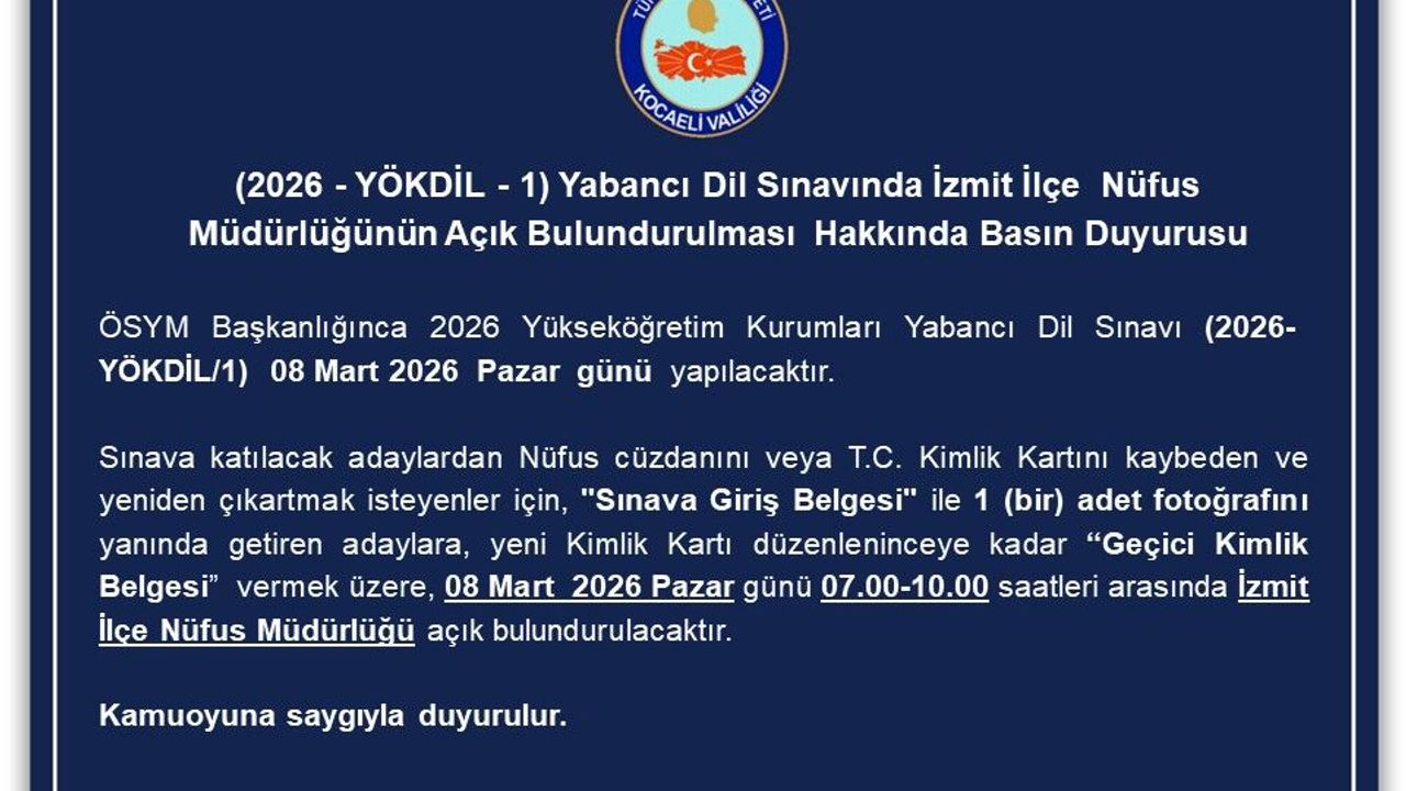 İzmit İlçe Nüfus Müdürlüğü, YÖKDİL Sınavı İçin Açık Olacak