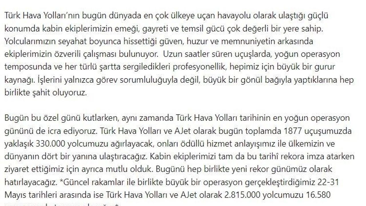 THY Yönetim Kurulu Başkanı Murat Şeker, Dünya Kabin Memurları Günü'nü kutladı
