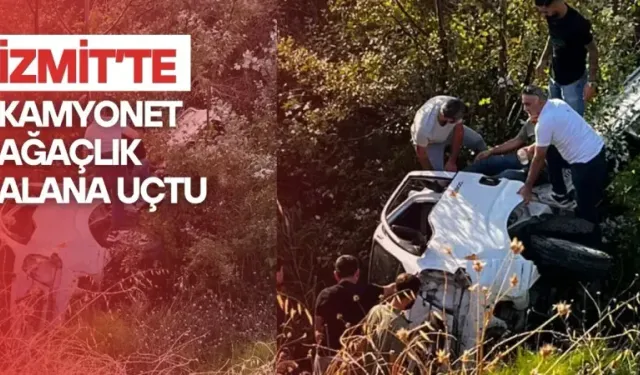 Yoldan çıkan kamyonet İzmit’te ağaçlık alana uçtu
