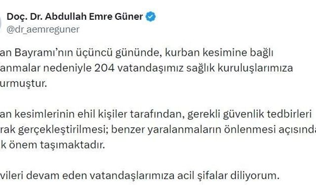 İstanbul İl Sağlık Müdürü Güner: 'Kurban Bayramı'nın üçüncü gününde 204 kişi yaralandı'