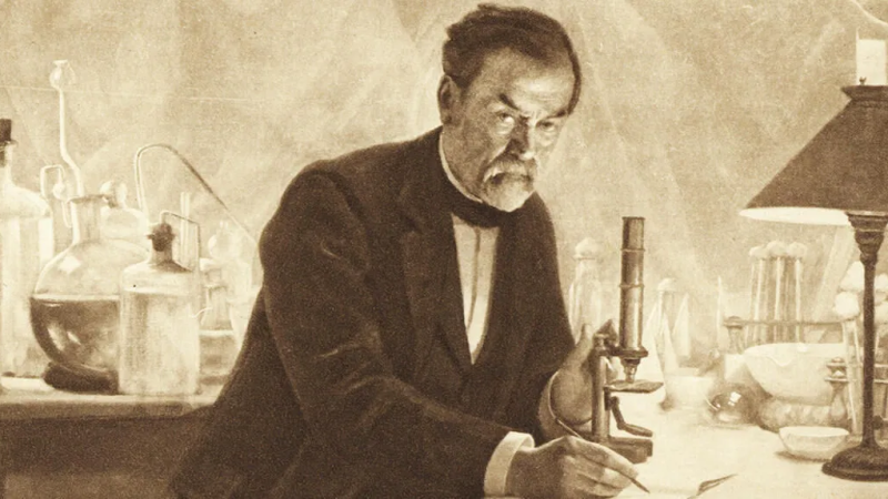 [RESİM: Louis Pasteur'ün laboratuvarında çalışırken çekilmiş, tarihi ve sepya tonlarında bir fotoğrafı]