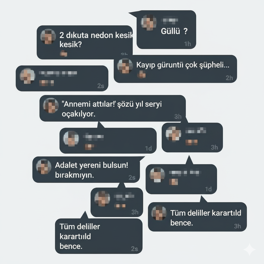 [RESİM: Sosyal medyada konuyla ilgili yapılan yorumları gösteren, kullanıcı adları sansürlenmiş bir ekran görüntüsü montajı]  Prompt: clean screenshot collage, showing multiple social media comments (from Twitter/Instagram) about the Güllü case. All user 