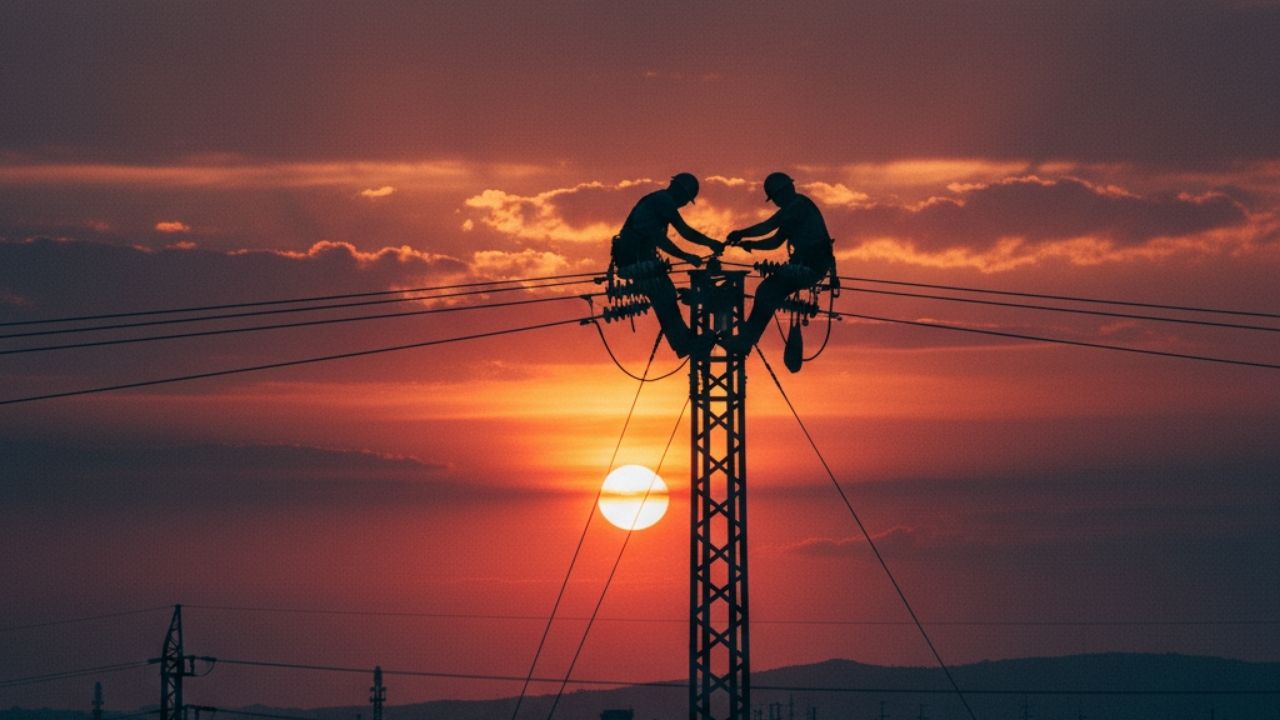 [RESİM: Bir elektrik direği ve bakım yapan teknisyenlerin silüeti, gün batımı önünde]