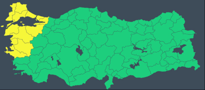 [GRAFİK: Türkiye haritası üzerinde sarı alarm verilen 11 ilin işaretlendiği bir uyarı haritası]