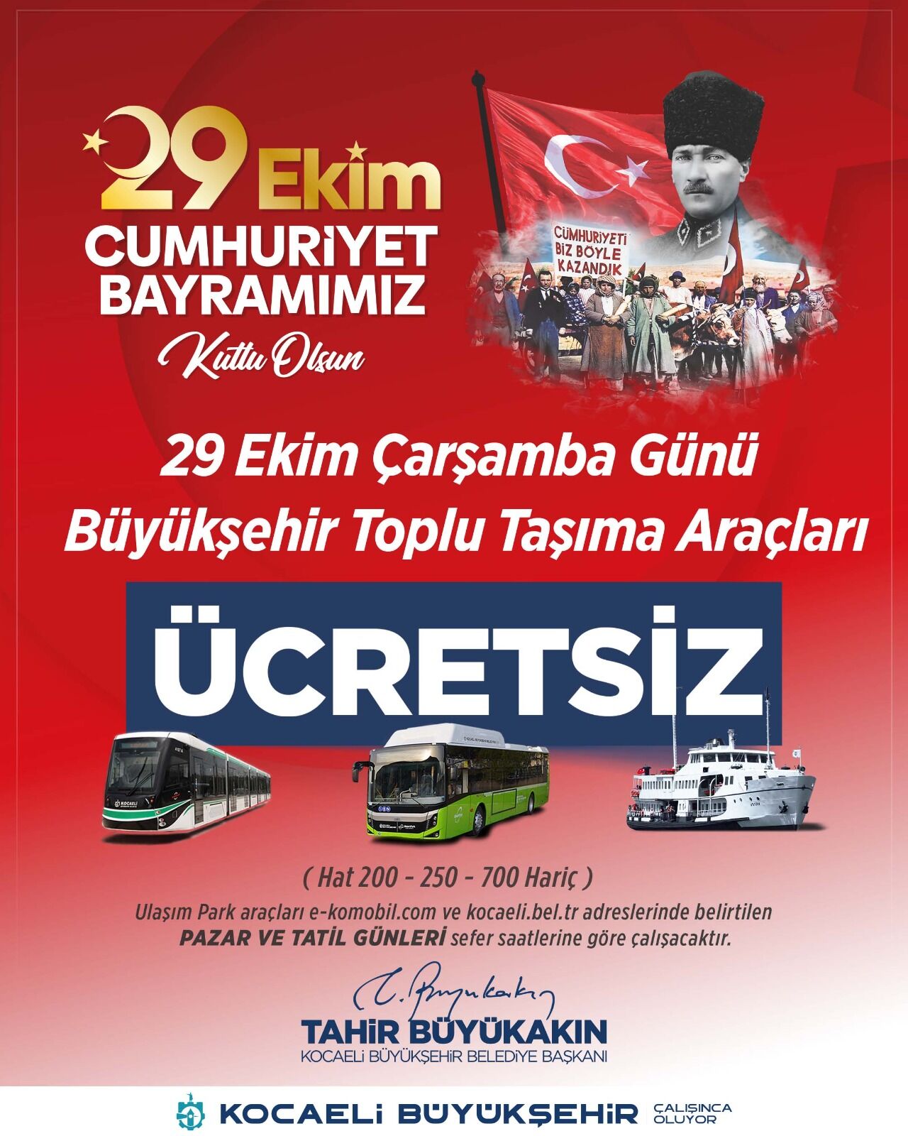 29 Ekim'de Toplu Ulaşım Ücretsiz