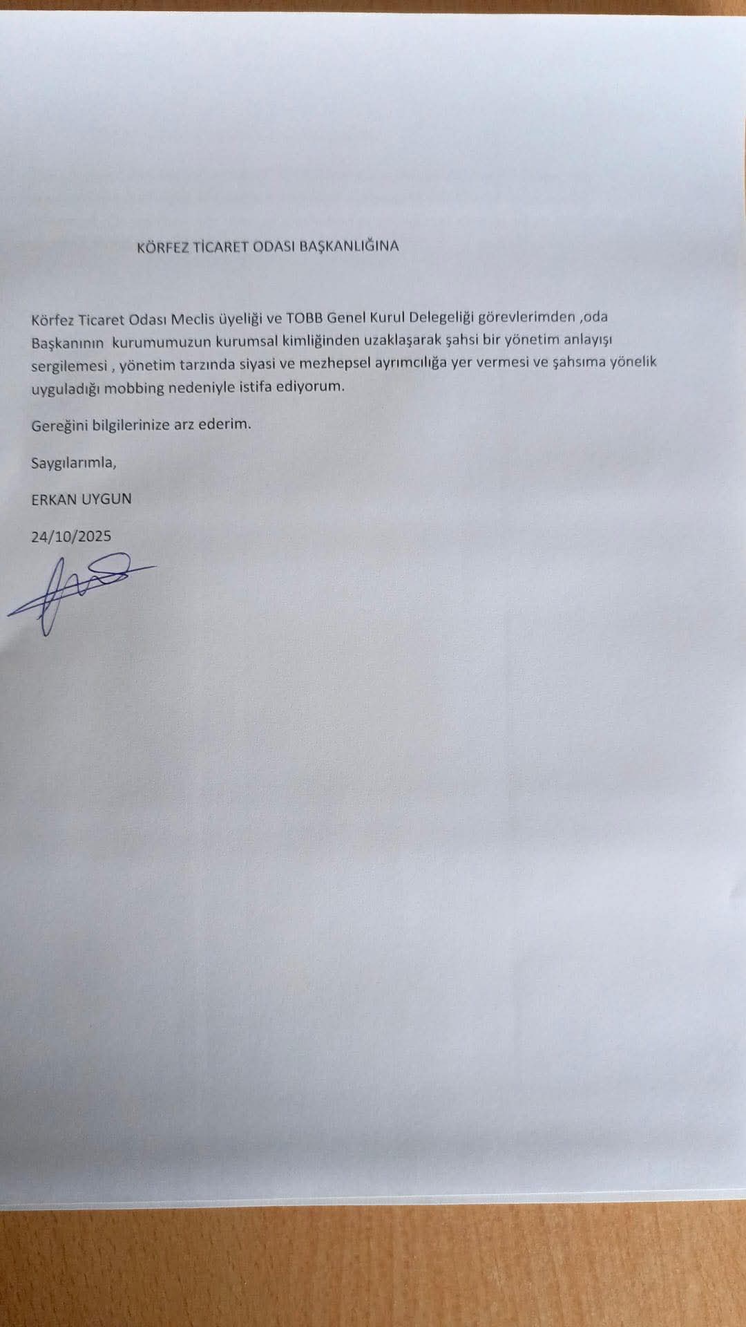 Erkan Uygun Korfez Ticaret Odasi Istifa