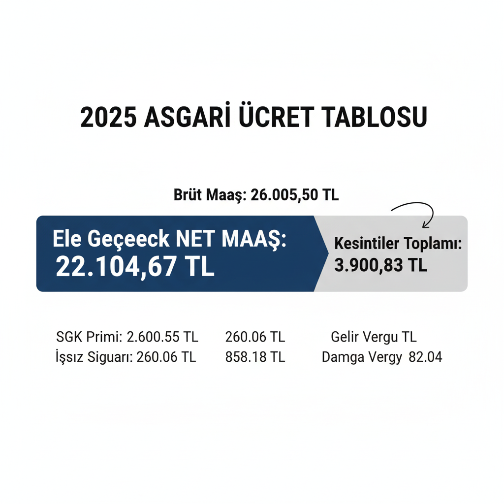 [GRAFİK: 2025 yılı asgari ücret rakamlarını (Brüt Maaş, Kesintiler Toplamı, Net Maaş) gösteren, anlaşılır ve modern bir infografik.]