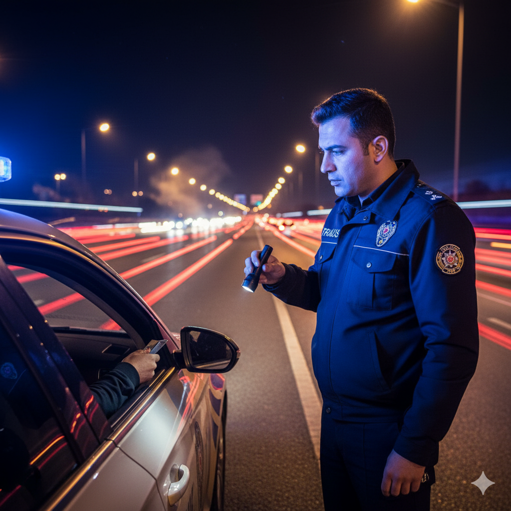 [RESİM: Bir trafik polisinin denetim yaptığı, arka planda modern bir otoyolun ve araçların olduğu, caydırıcılık ve denetimi vurgulayan profesyonel bir haber fotoğrafı.]-1