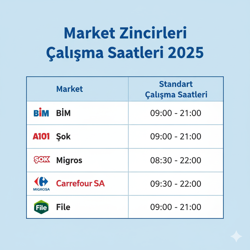 [GRAFİK: Market zincirlerinin açılış ve kapanış saatlerini gösteren net ve okunaklı bir özet tablo]