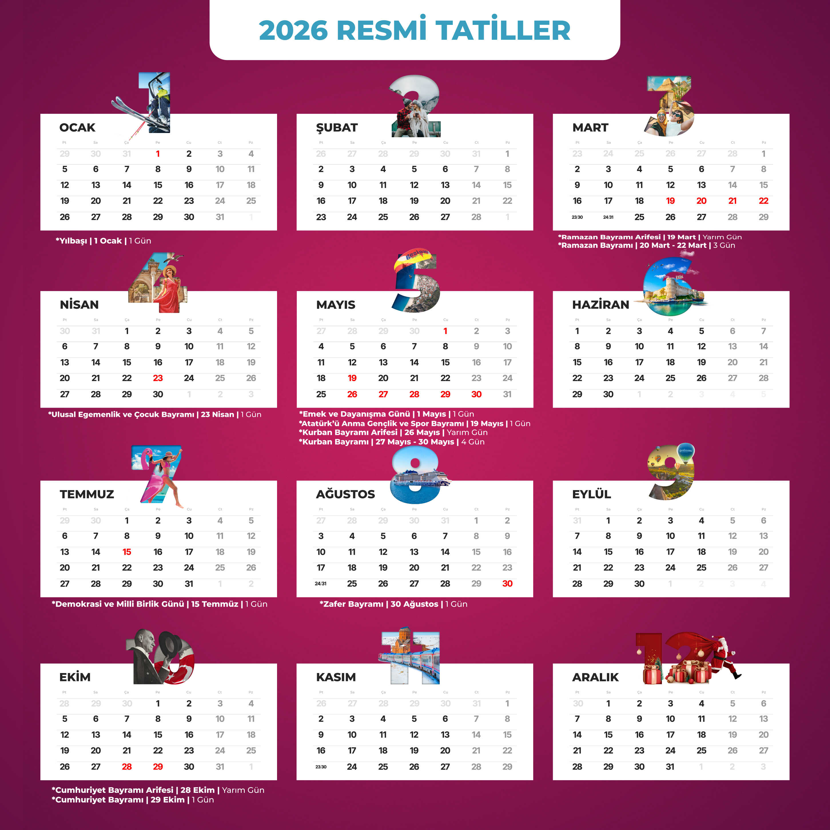 [GRAFİK: 2026 takvimi üzerinde Ramazan Ayı, Ramazan Bayramı ve Kurban Bayramı'nın tarihlerinin işaretlendiği şık ve modern bir infografik.]