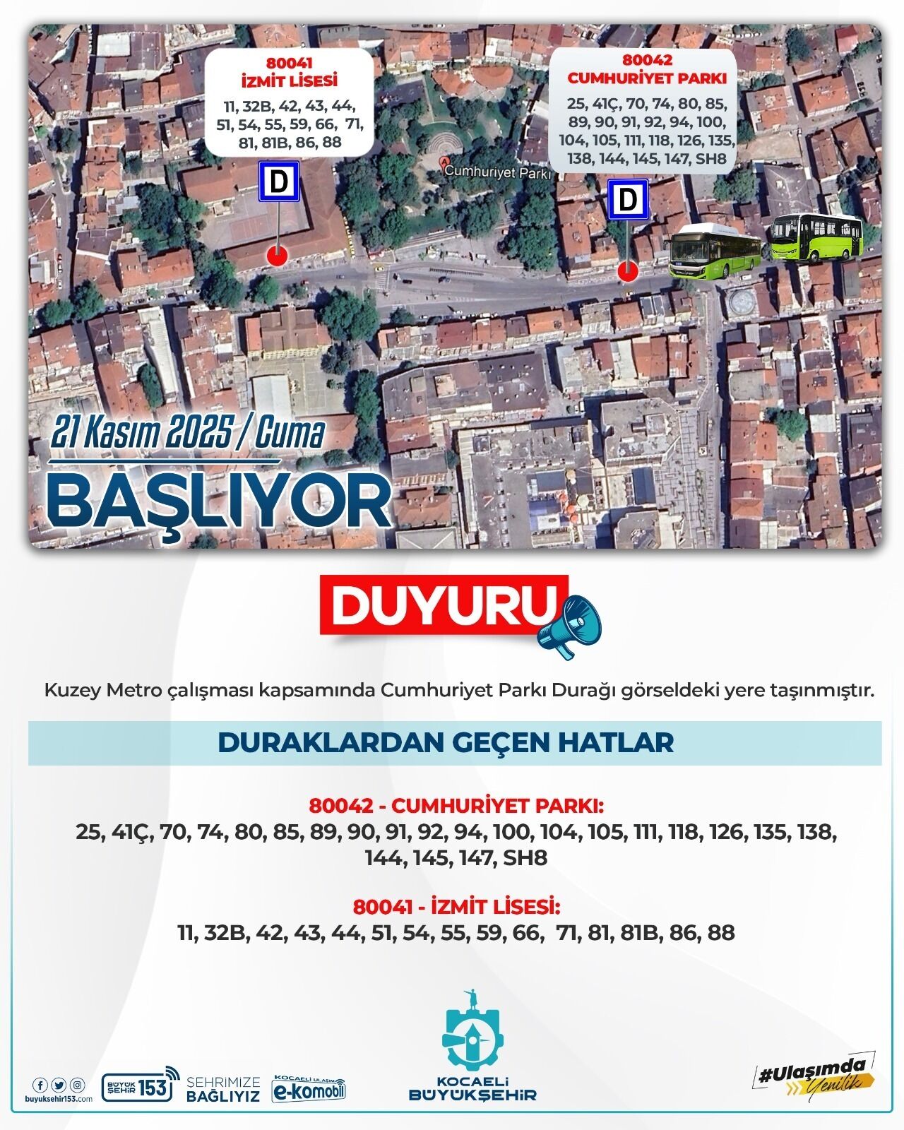 Cumhuriyet Parkı Otobüs Durağının Yeri Değiştirildi