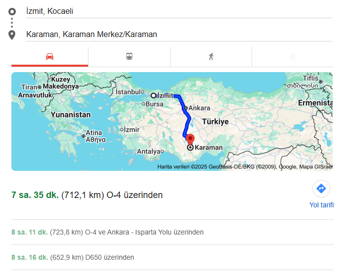 Karaman Kocaeli Yol Guzergahi Google Maps.jpg