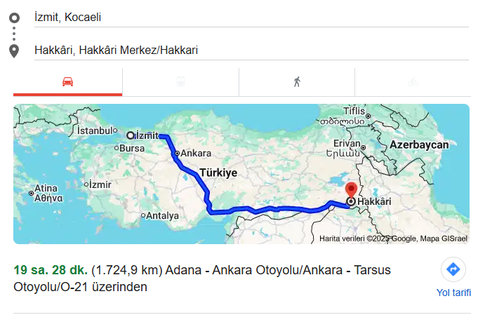 Kocaeli Hakkari Yol Guzergahi Google Maps.jpg