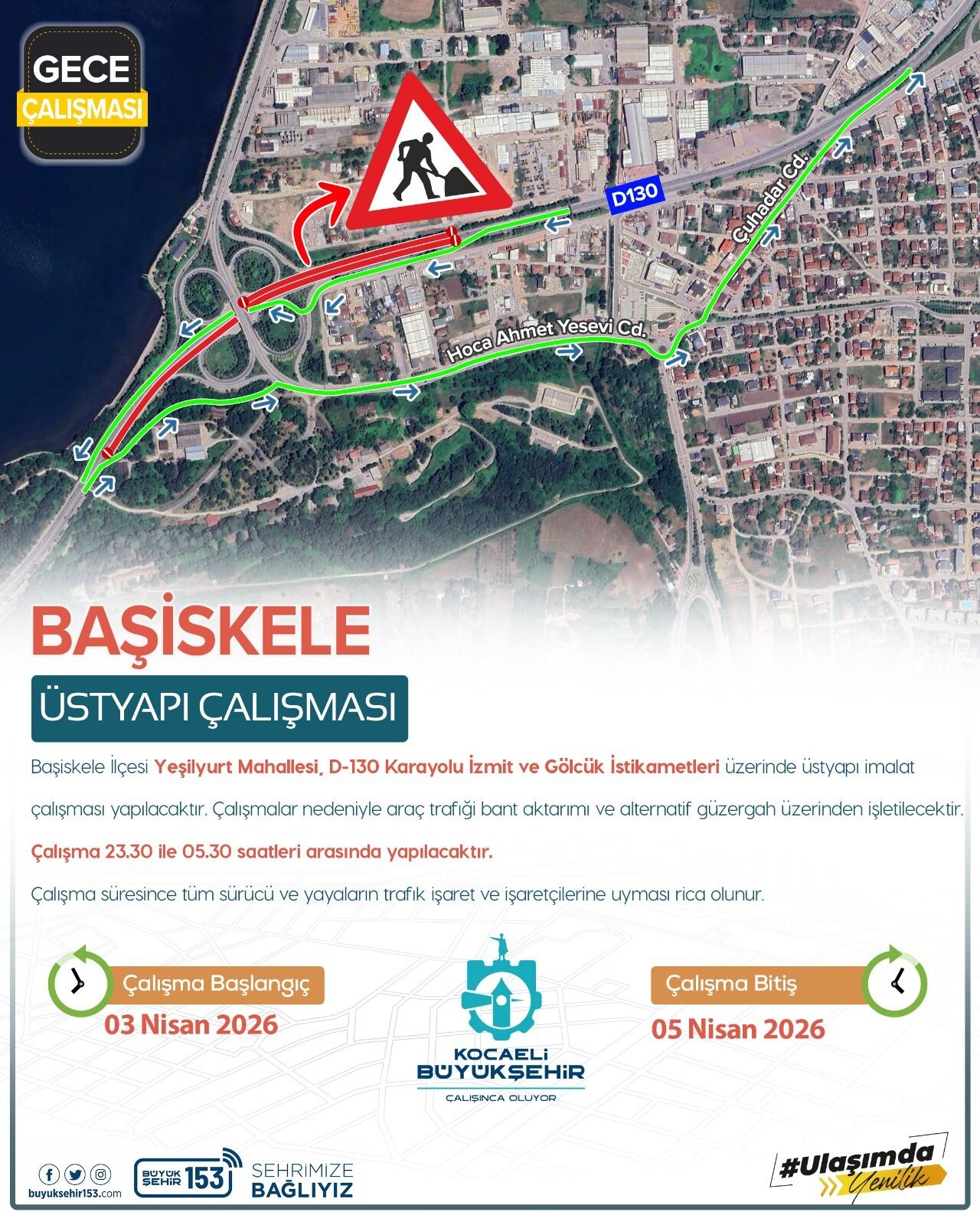 Başiskele Kavşağı'nda Gece Mesaisi Uyarısı