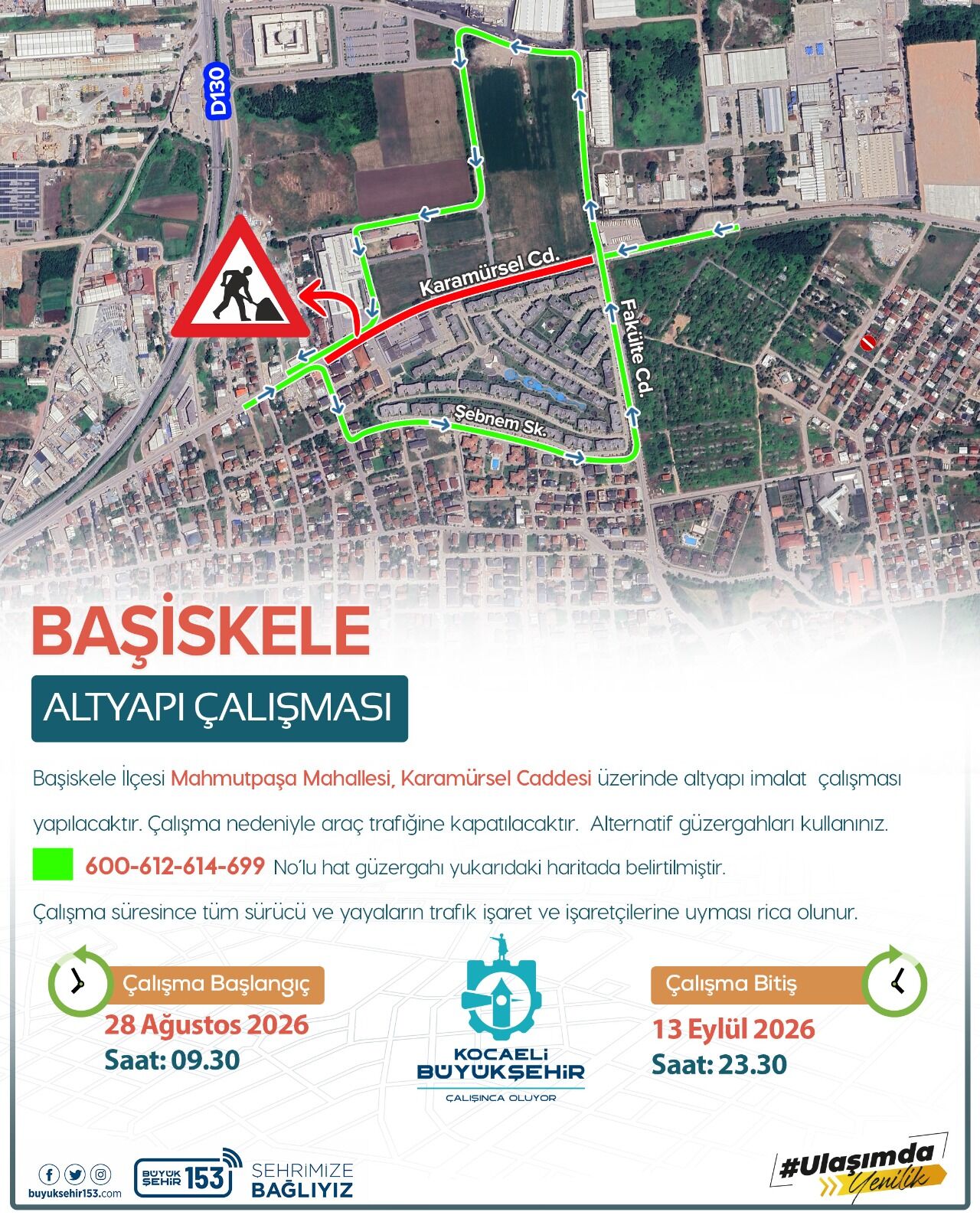Başiskele Karamürsel Caddesi Araç Trafiğine Kapatılıyor