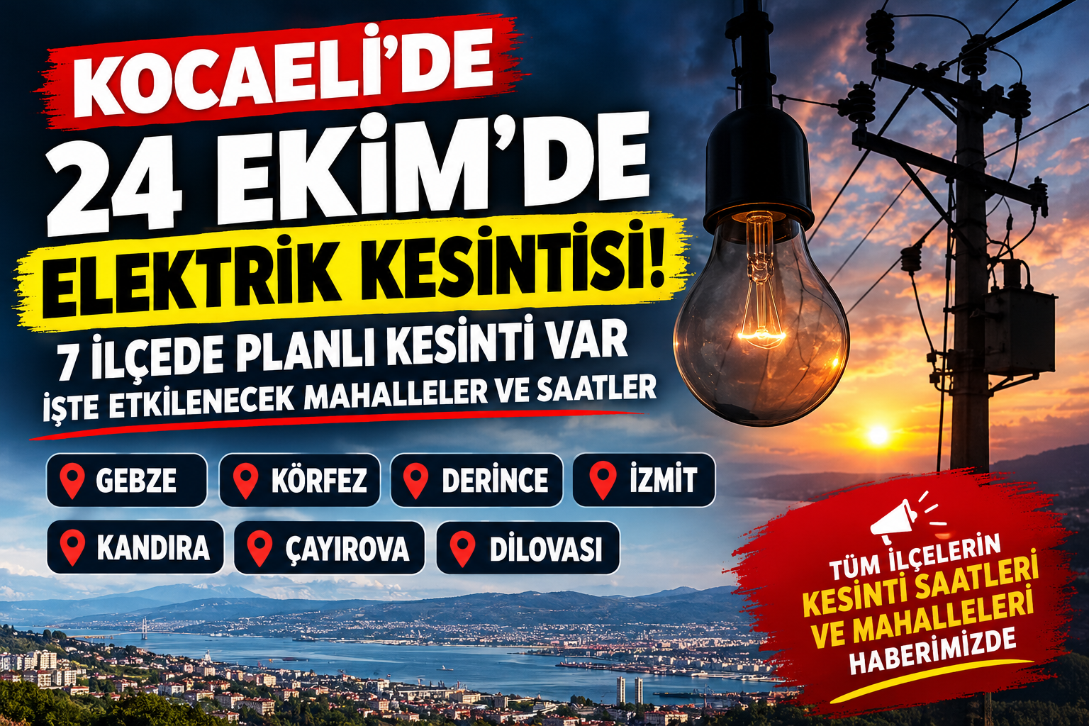 Kocaeli’de 24 Ekim Elektrik Kesintisi: 7 İlçede Elektrikler Kesilecek!