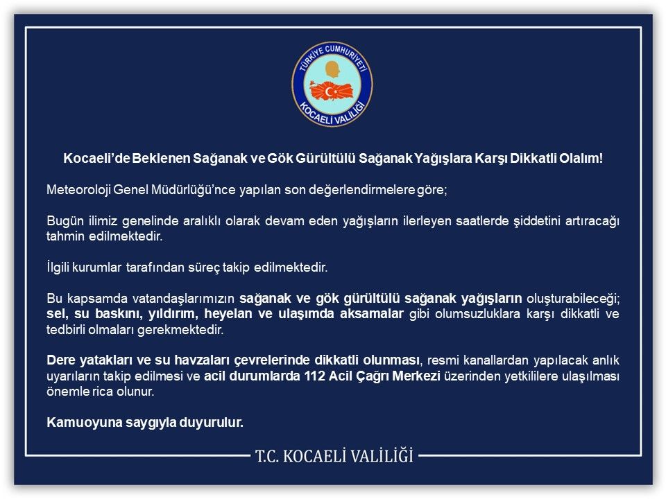 Kocaeli Valiliği Uyardı! Sağanak Yağış Şiddetini Artıracak