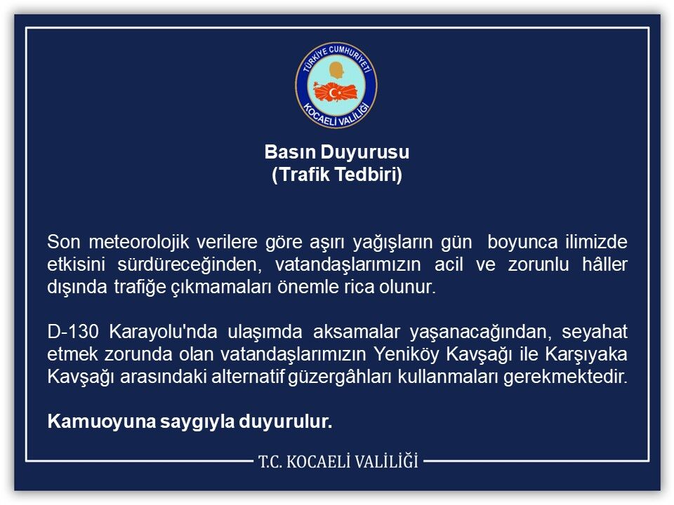 Kocaeli Valiliği’nden Kritik Uyarı! D-130’da Ulaşım Aksayacak, Yeniköy-Karşıyaka Arası Alternatif Güzergâhlar Kullanılacak