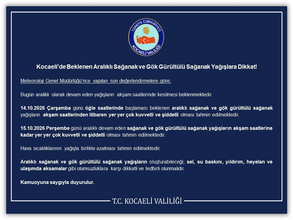 Kocaeli Valiliği'nden Sarı Kodlu Şiddetli Yağış Uyarısı-1
